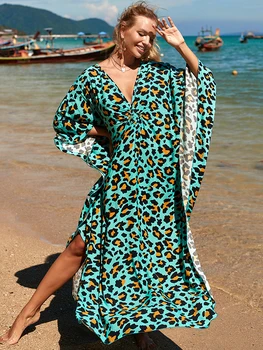 Rohelise trükise Leopard Suvel Boho Kleit Ujuda Masti Katta Kuni 2022 Rüü De Plage Sarong Bikiinid Katta Kuni Beachwear Cover-ups Tuunika